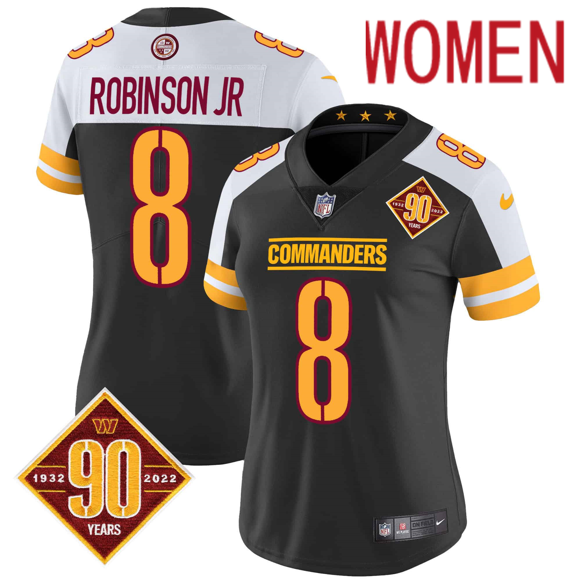 Women Washington Commanders 8 Robinson jr Black 90th Anniversary Patch 2024 Nike Vapor Limited NFL Jersey